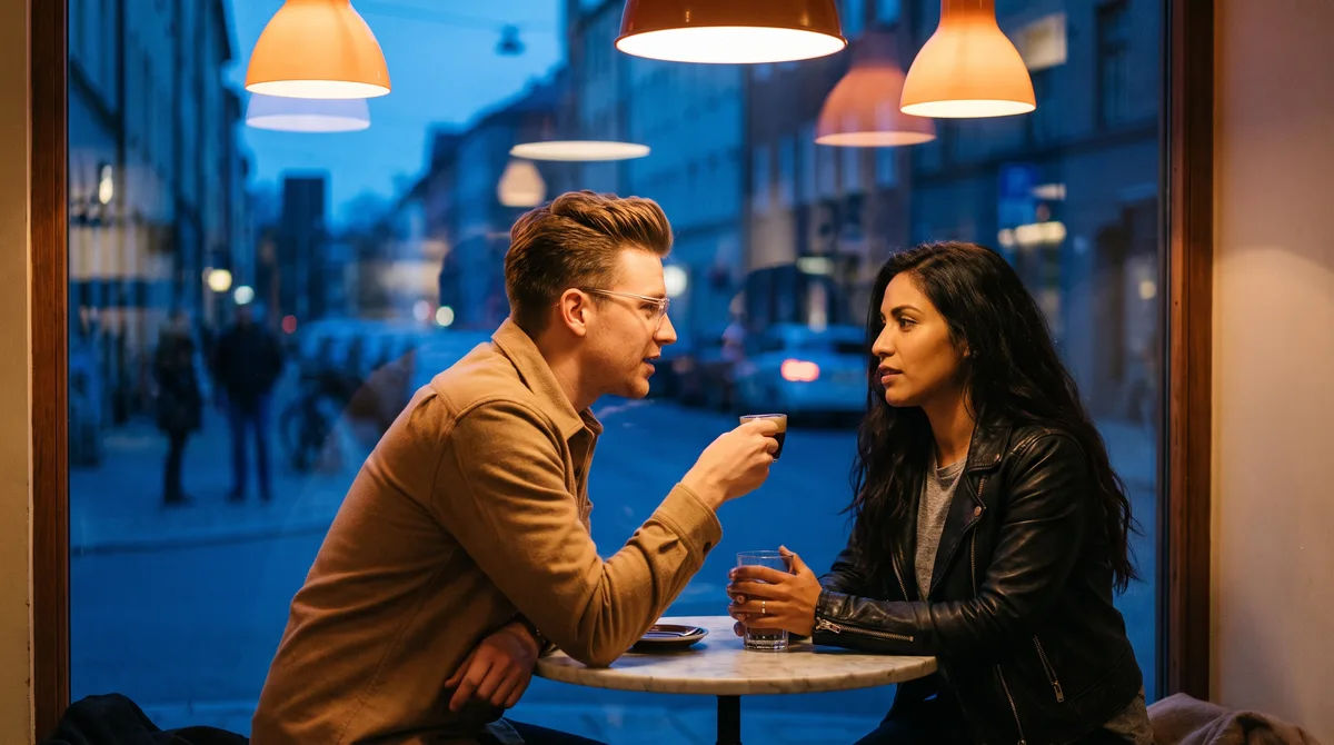 Two people sitting close across a small café table in warm evening light, one leaning in mid-sentence while the other listens with quiet attention