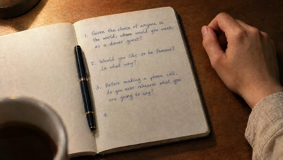 A hand resting beside a notebook page of numbered handwritten questions, warm desk lamp light