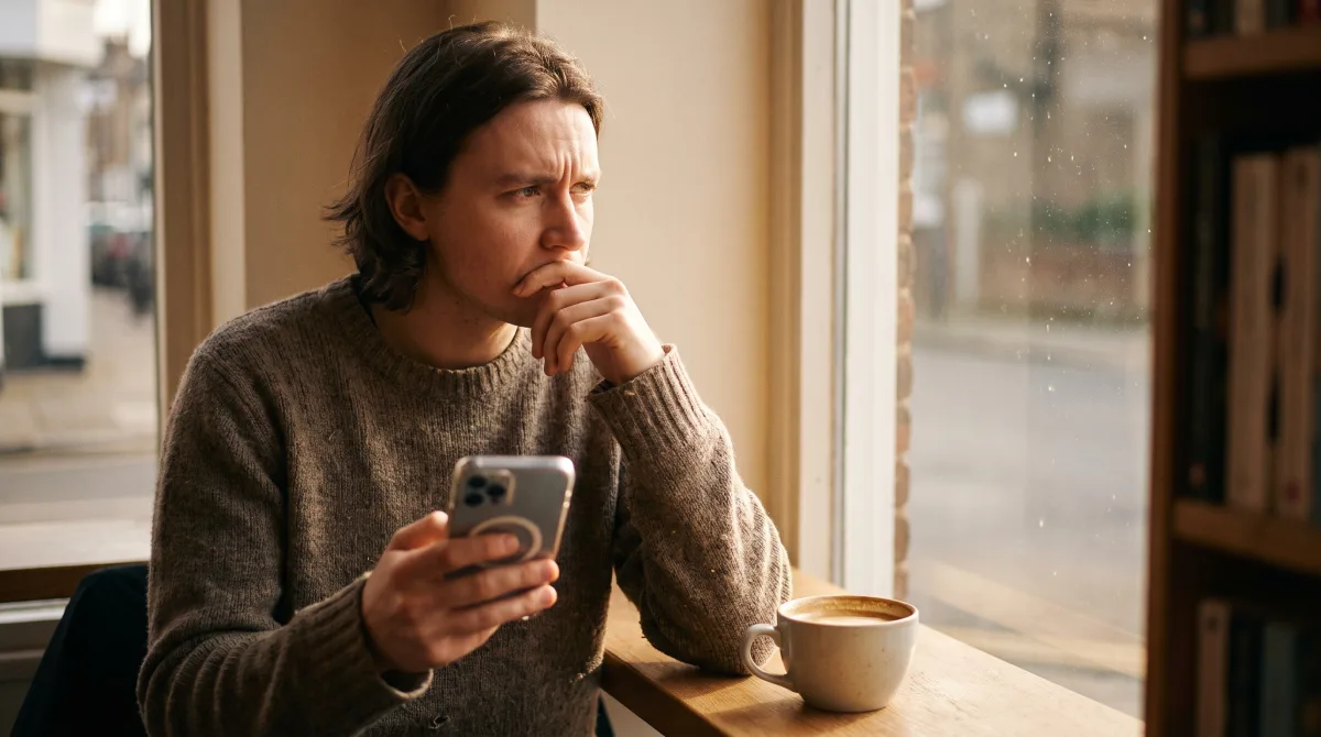 A person with coffee at a window in morning light pausing to reflect before deciding on a match