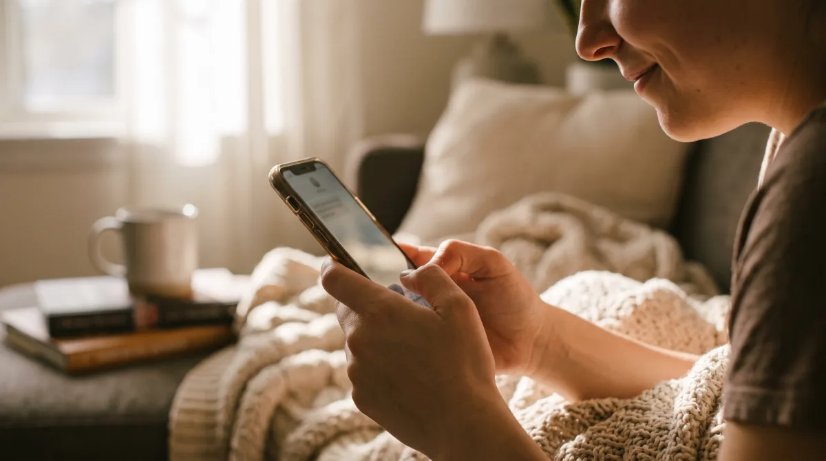 A close view of someone beginning to type the first message with a small, committed smile
