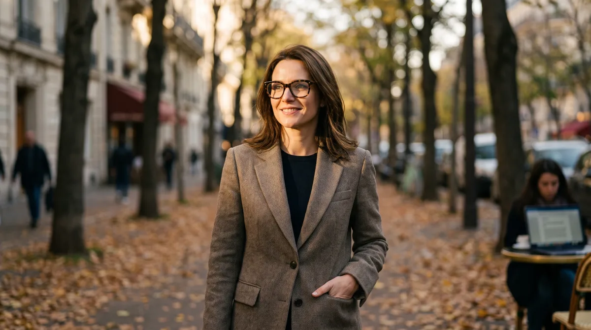 A stylish, self-assured forty-something on an autumn city walk in a tailored jacket