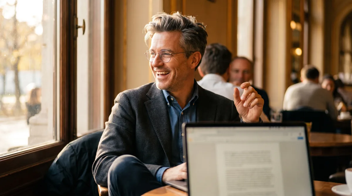 A well-dressed forty-something laughing and turning to the light in an elegant café