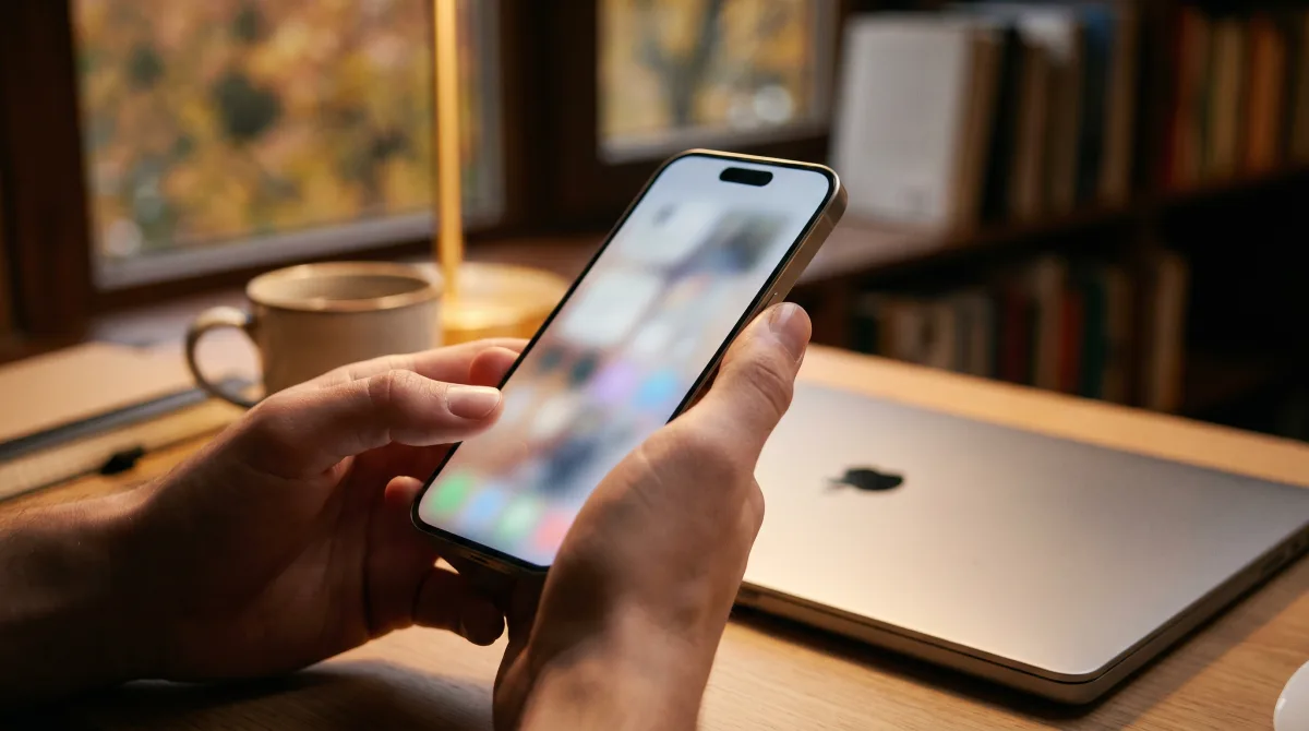 Close-up of young hands holding a phone showing a softly blurred AI-suggested message draft beside a laptop and coffee