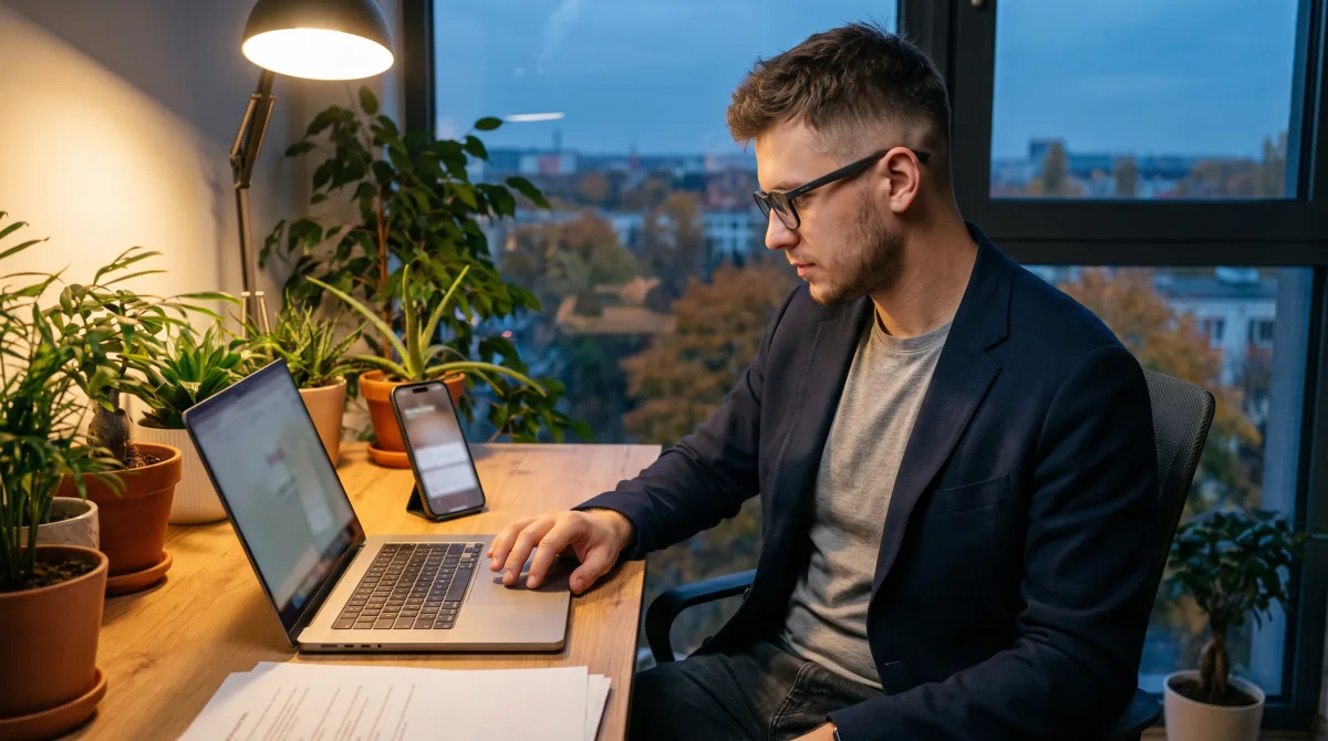 A young software engineer at a coworking desk, one hand on the laptop trackpad, glancing at an AI-suggested dating reply in warm lamplight
