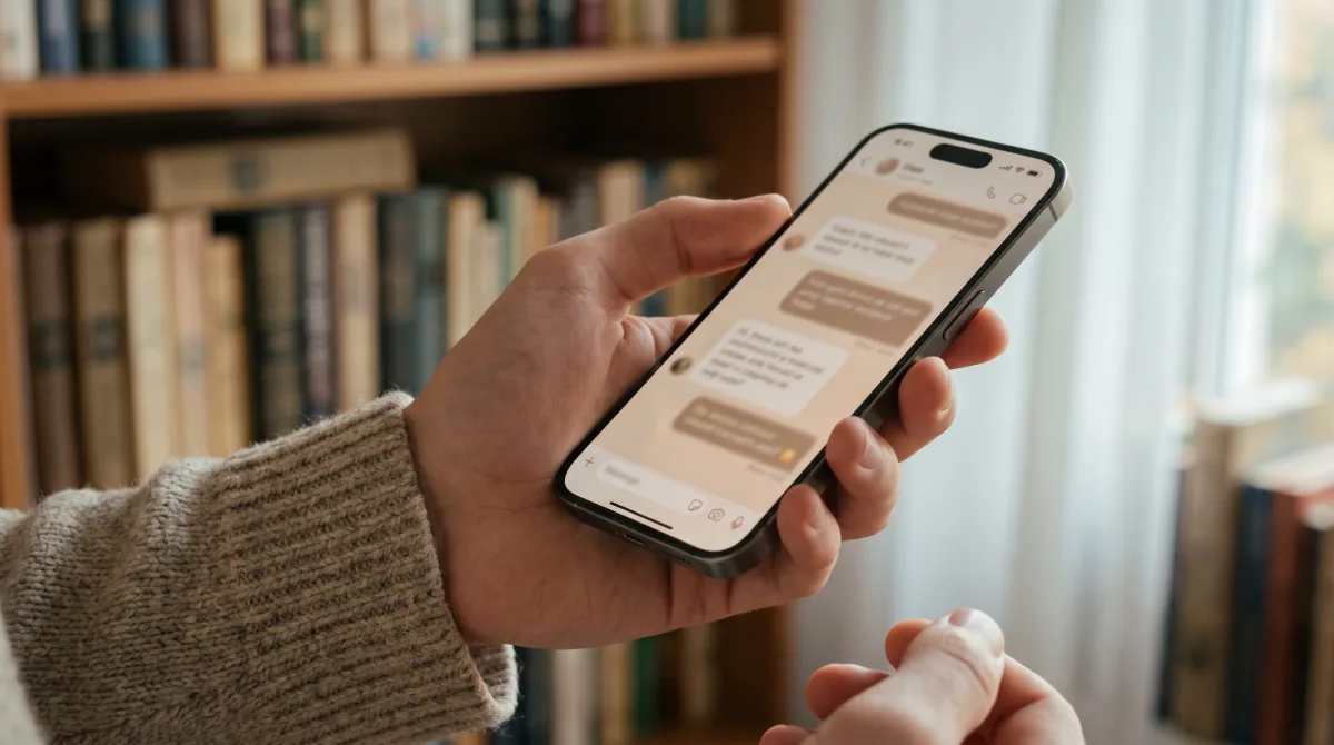 Close-up of young hands cradling a phone showing a softly blurred chat, a knit sleeve and bookshelf behind