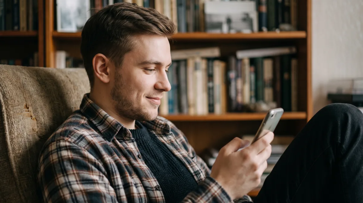 A young man curled in a cozy armchair by a bookshelf, texting thoughtfully with a small private smile in soft window light