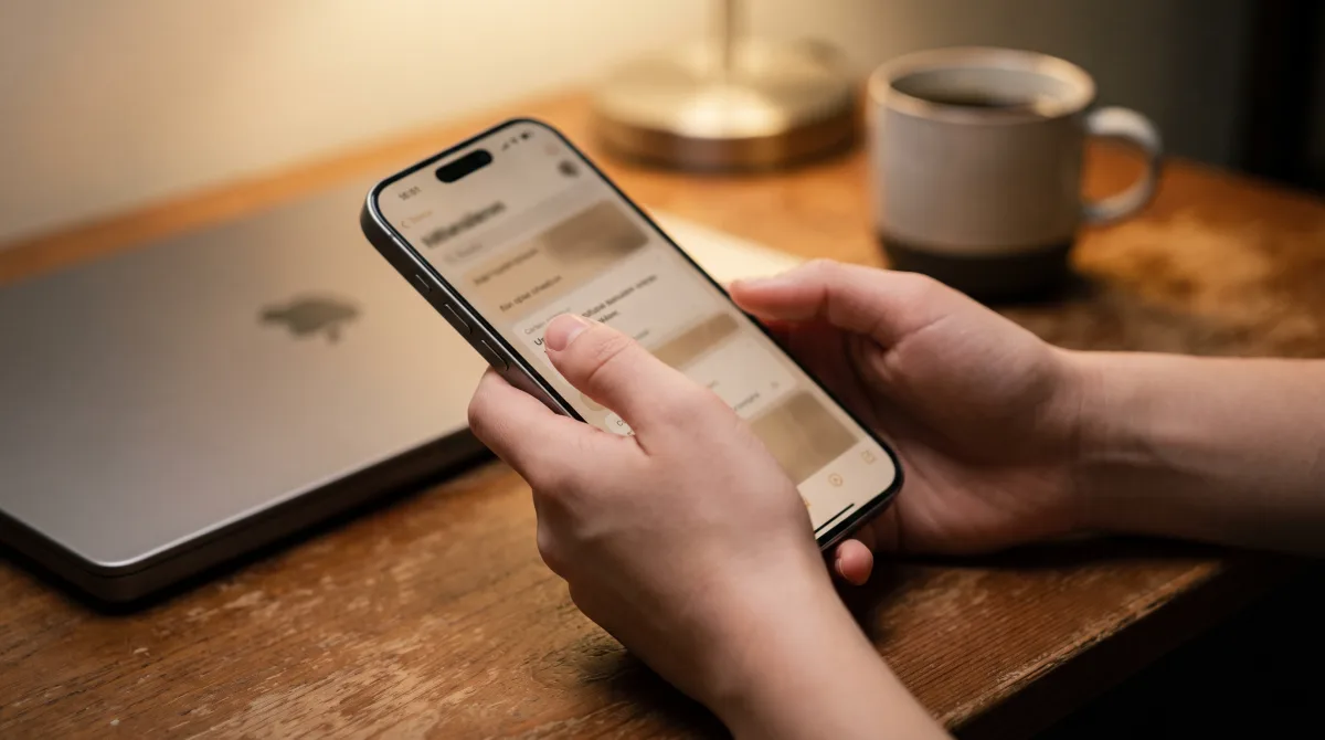 Close-up of young hands holding a phone showing a blurred app screen beside a laptop and coffee