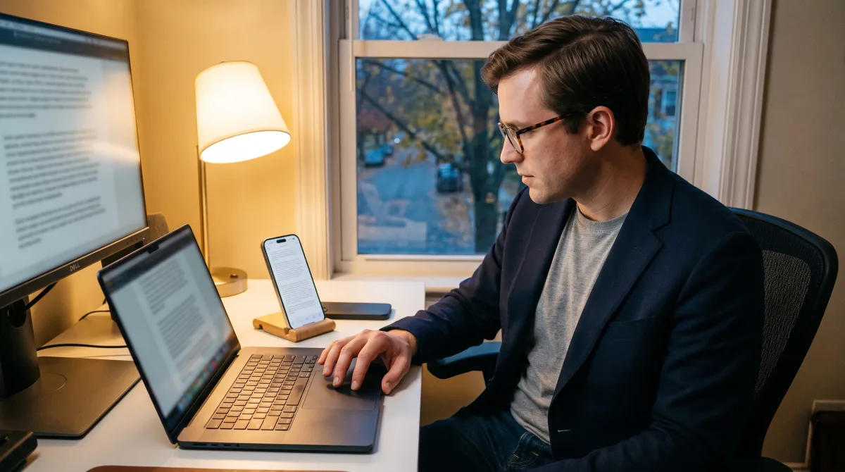 A young software engineer at a home desk, one hand on a laptop trackpad, glancing at a phone in warm evening lamplight
