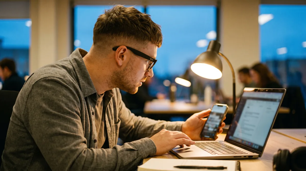 A fit young man at a coworking desk, one hand on a laptop trackpad, glancing at a message draft in warm desk-lamp light