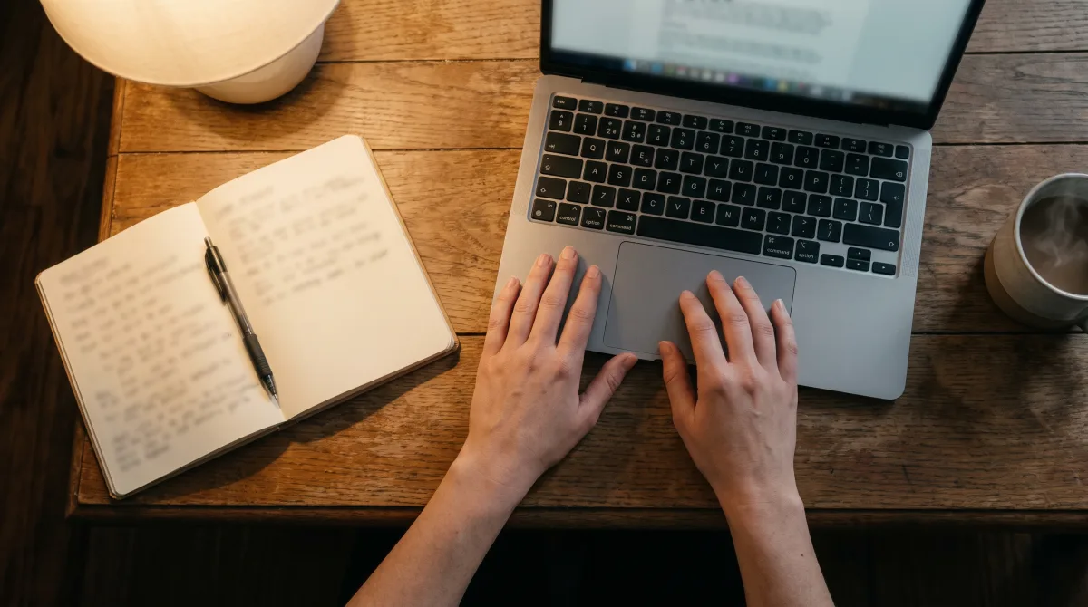 Overhead view of hands beside a laptop and notebook as text is read and analyzed for compatibility