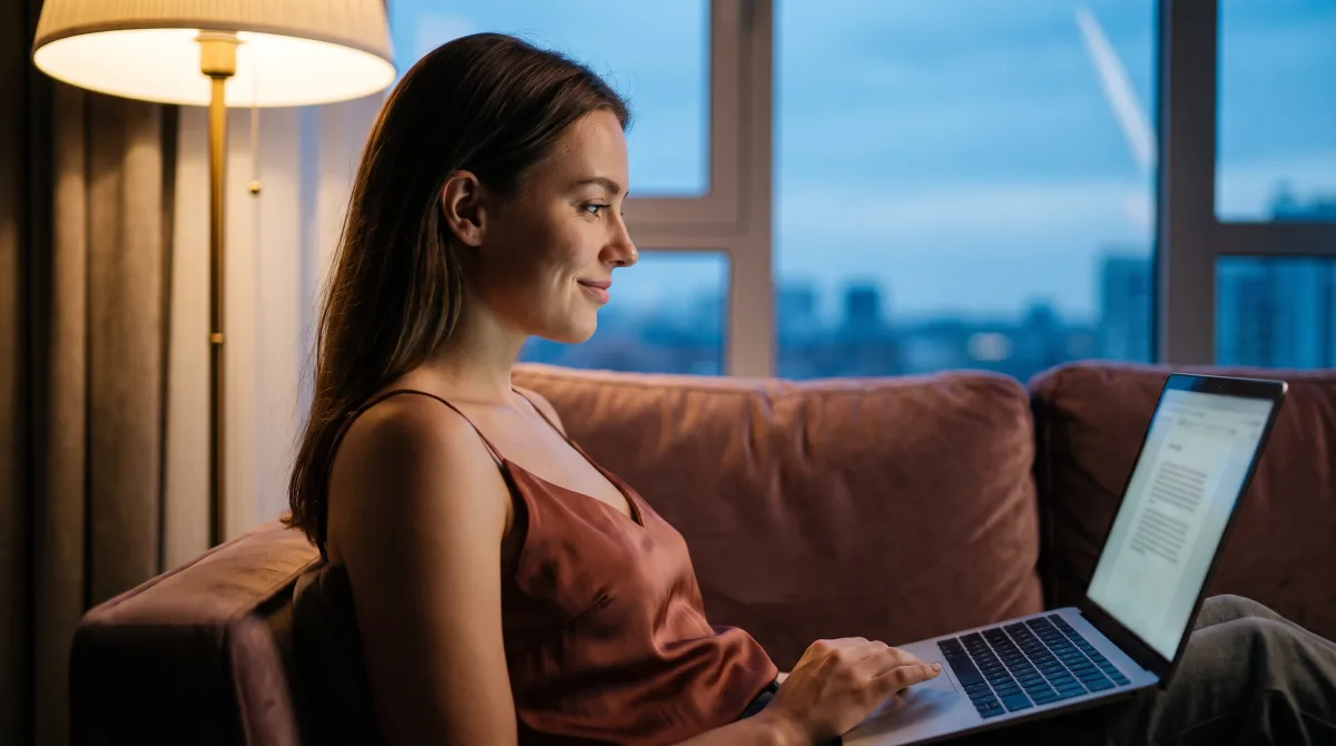 A young woman on a sofa at dusk reading a thoughtful message, warmly lit by a floor lamp