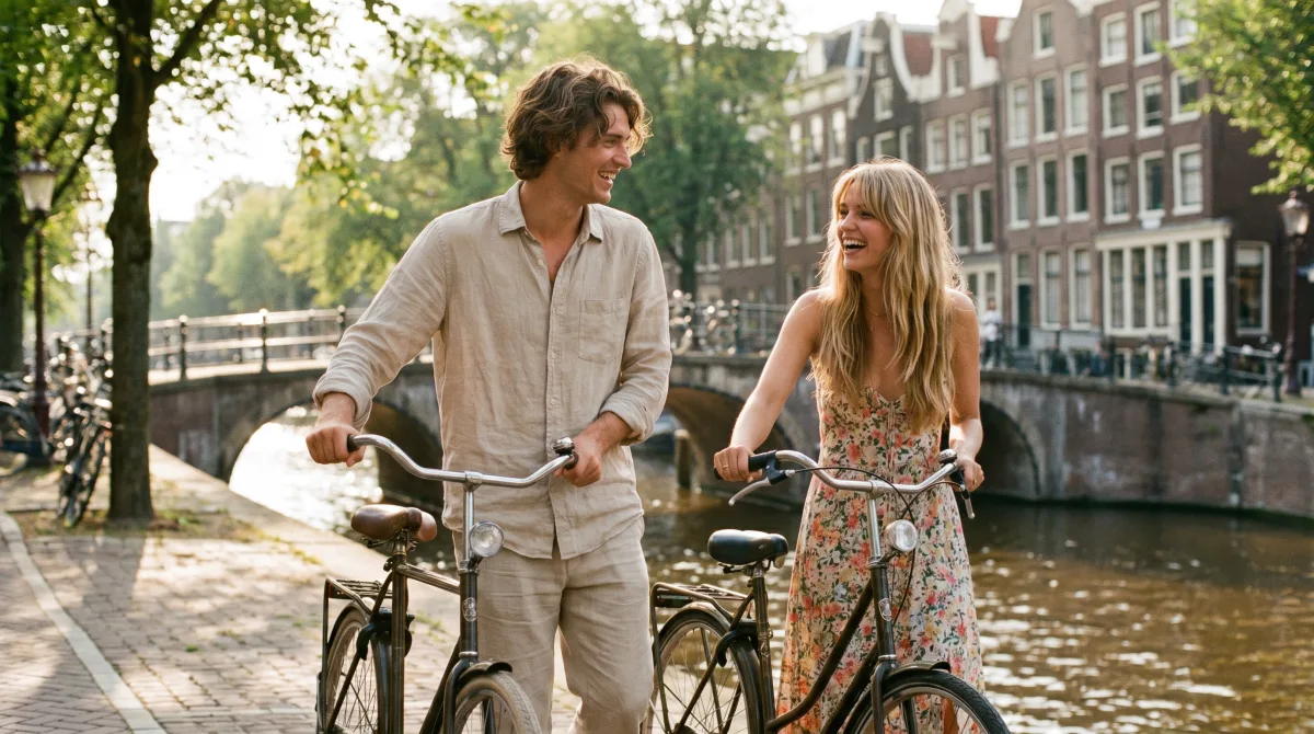 A stylish young couple walking their bikes along an Amsterdam canal on a summer afternoon