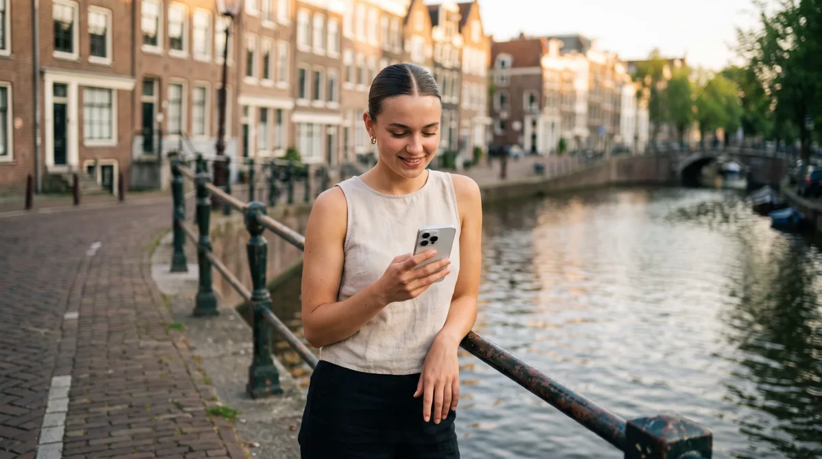 A young woman on an Amsterdam canal embankment checking her phone in summer