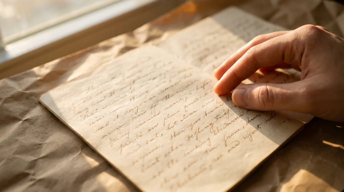 A ringless hand turning a page of a long handwritten letter in warm light.