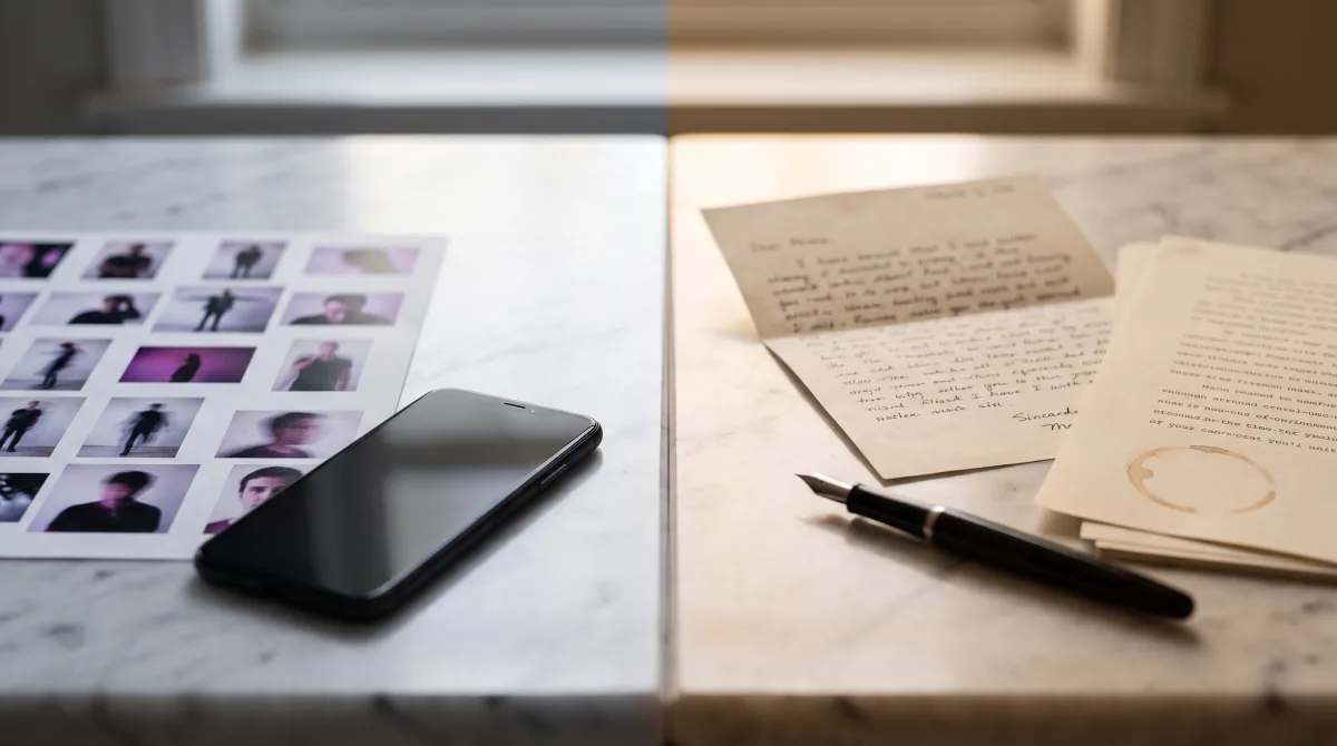 Badoo vs Anketta: glossy face-photos beside an open handwritten letter — photo-swiping versus text-first dating.