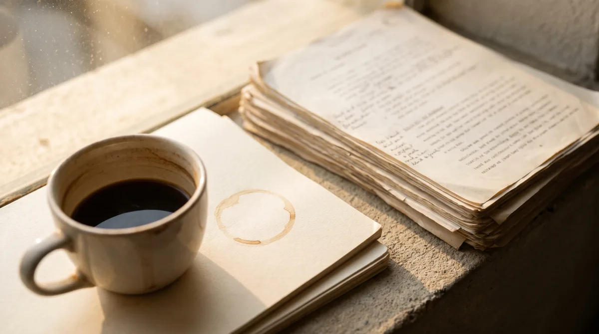 A stack of typed cream manuscript pages beside a warm coffee cup, a faint ring on the paper.