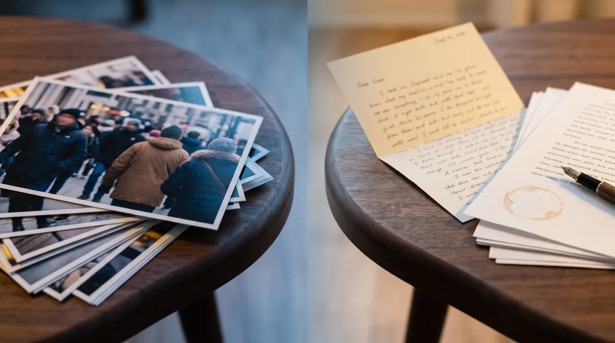 Bumble vs Anketta: glossy face-photos beside an open handwritten letter — photo-swiping versus text-first dating.