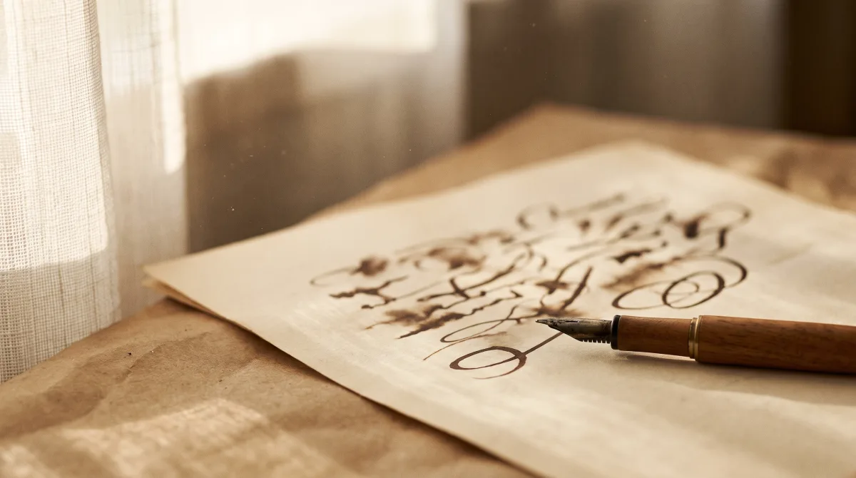 A hand-annotated manuscript page, a passage underlined, a fountain pen resting mid-word.