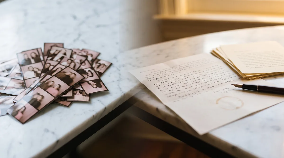 Coffee Meets Bagel vs Anketta: glossy face-photos beside an open handwritten letter — photo-swiping versus text-first dating.