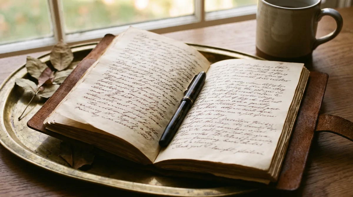 An open leather journal filled with cursive, a fountain pen laid in the gutter mid-sentence.