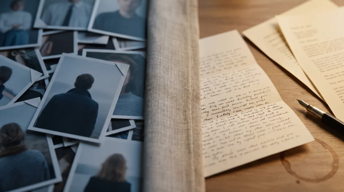 Cuffed vs Anketta: glossy face-photos beside an open handwritten letter — photo-swiping versus text-first dating.