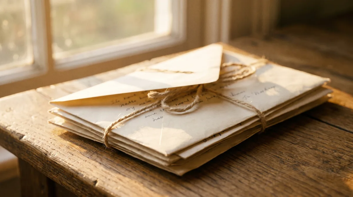 A bundle of handwritten letters tied with linen twine, the top envelope unsealed.