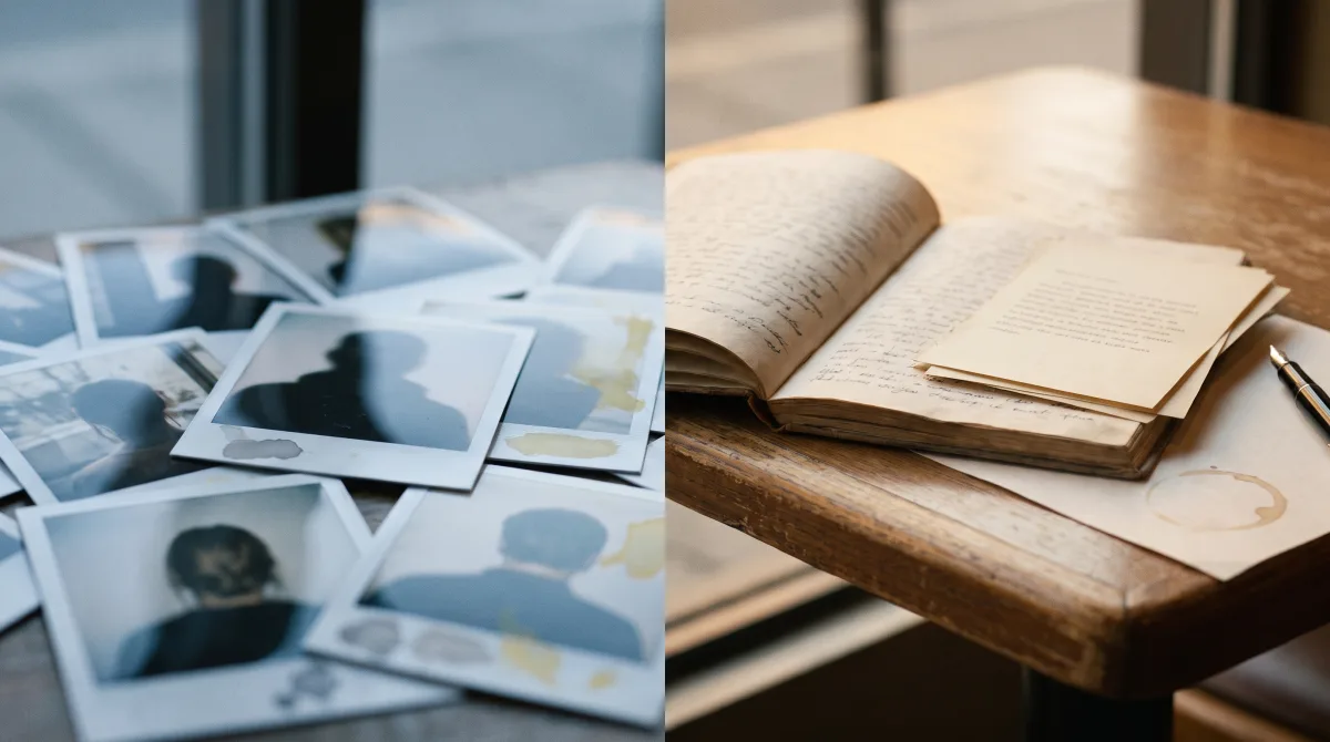Date-Me Docs vs Anketta: glossy face-photos beside an open handwritten letter — photo-swiping versus text-first dating.