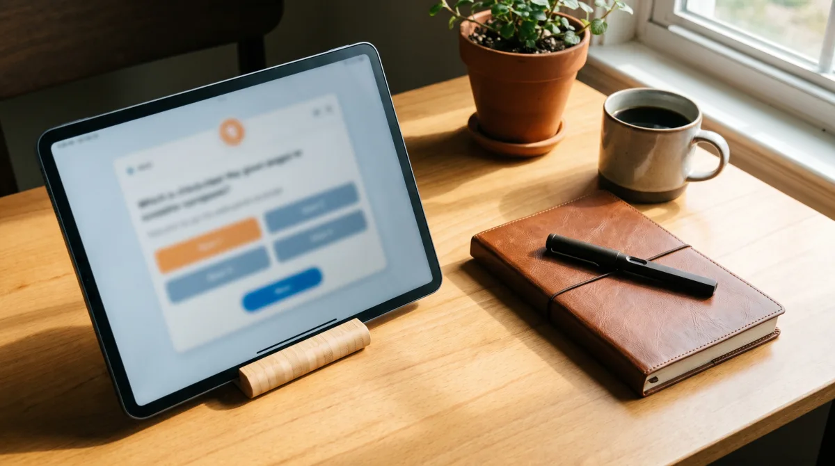 A tablet showing eHarmony's scored compatibility quiz beside a closed journal and pen on a wooden desk.
