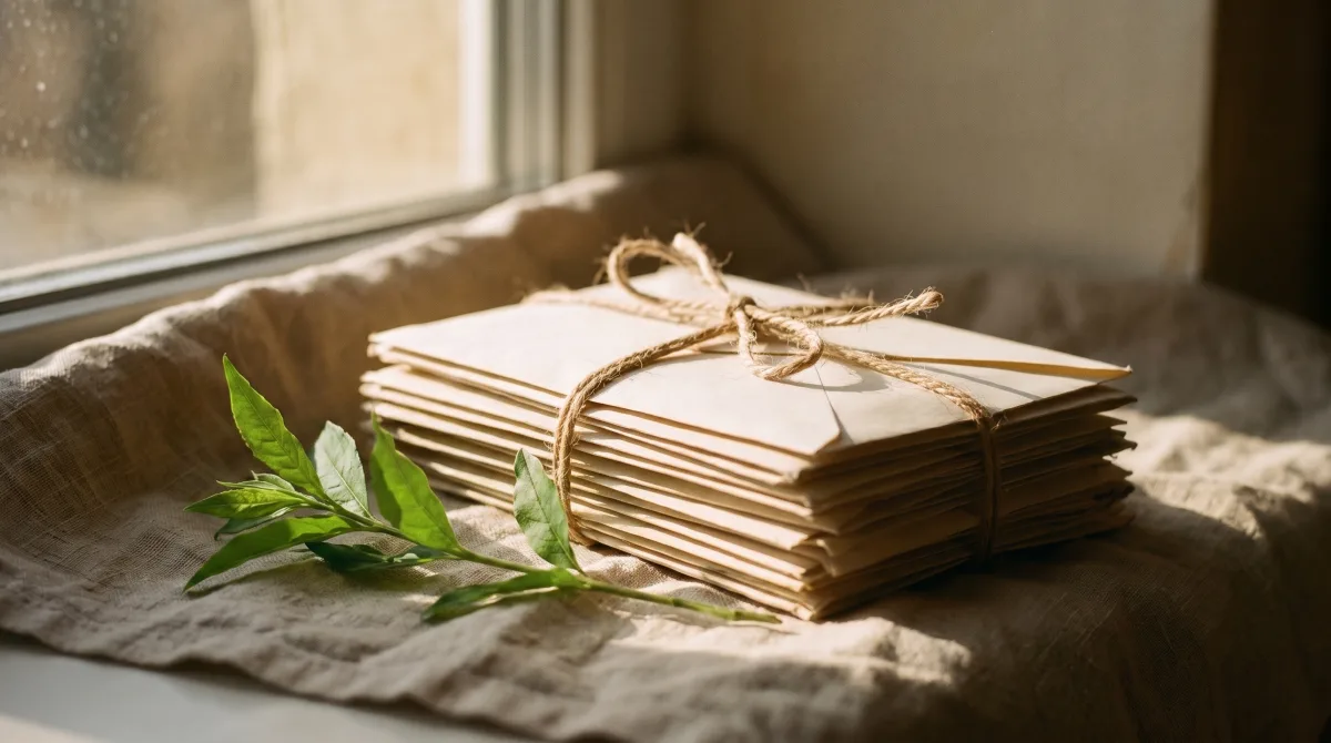 A bundle of handwritten letters tied with twine, resting on linen in warm afternoon light.