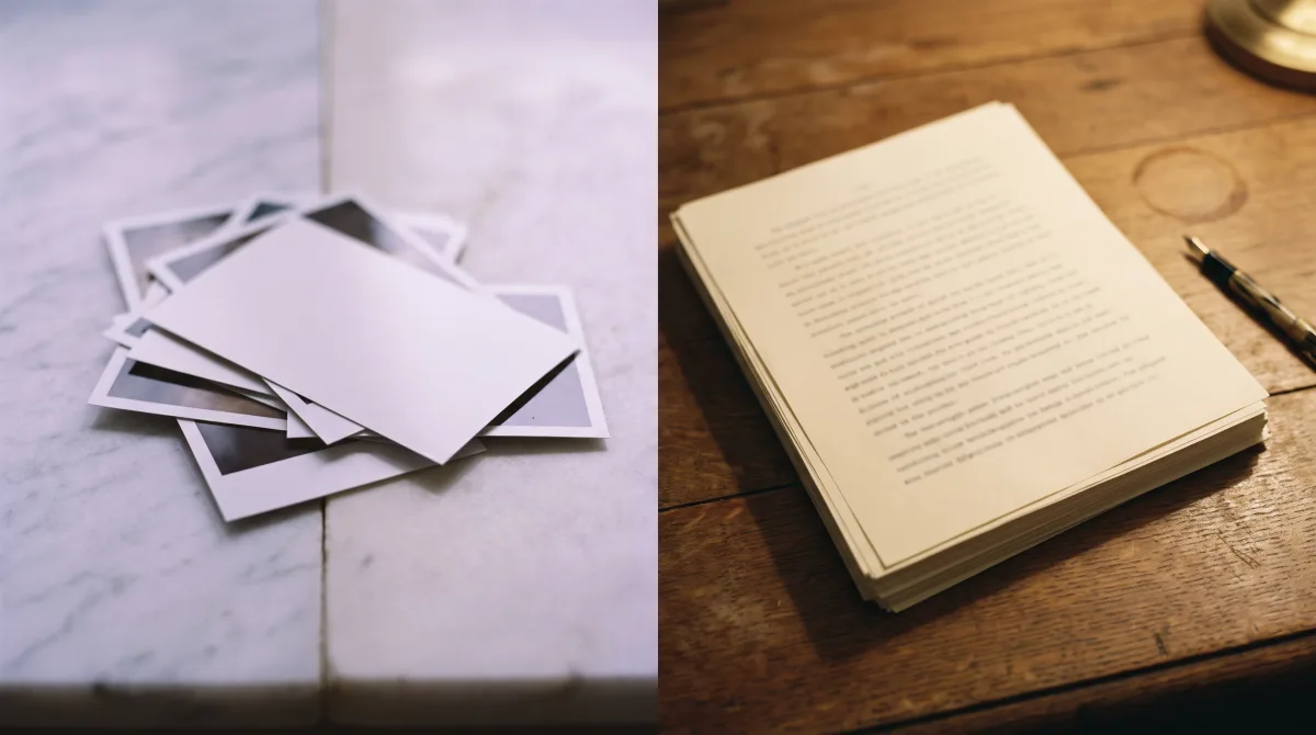 A scattered pile of glossy face-down photographs beside a stack of cream manuscript pages and a resting fountain pen.