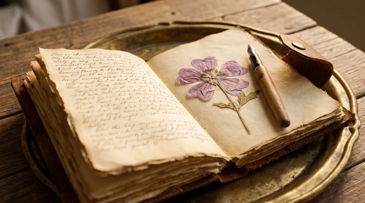 A well-worn notebook open to dense handwriting, a pressed flower marking the page.