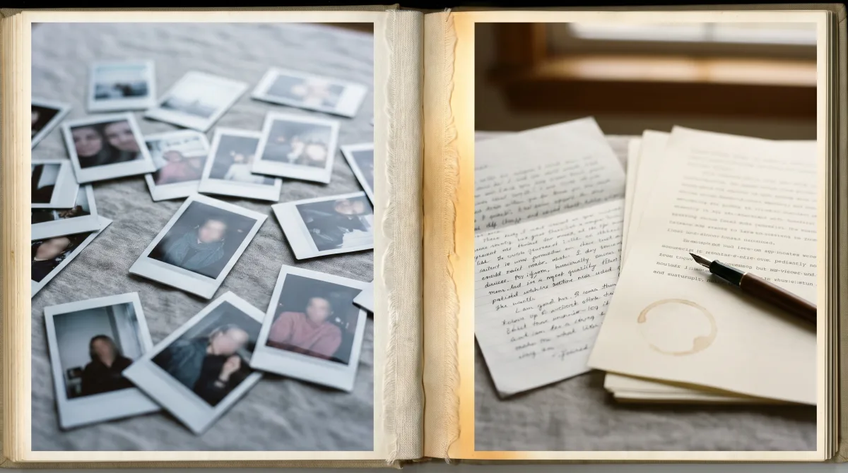 Hinge vs Anketta: glossy face-photos beside an open handwritten letter — photo-swiping versus text-first dating.