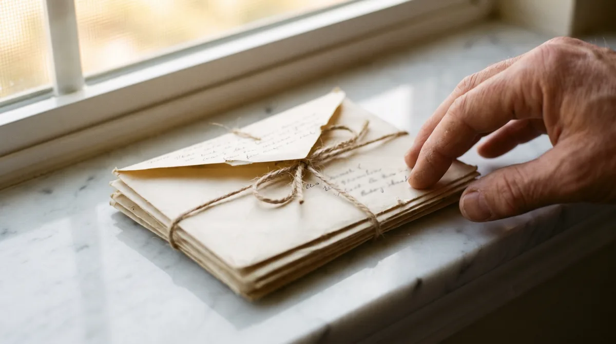 A bundle of handwritten letters tied with linen twine, the top envelope unsealed.