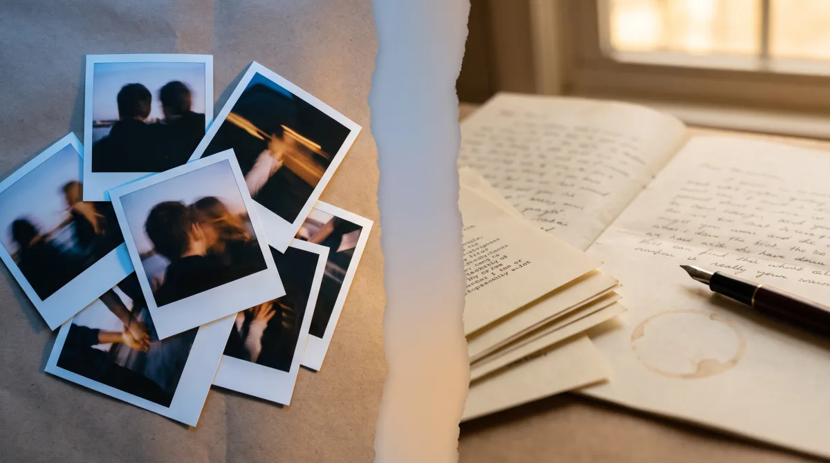 Mamba vs Anketta: glossy face-photos beside an open handwritten letter — photo-swiping versus text-first dating.