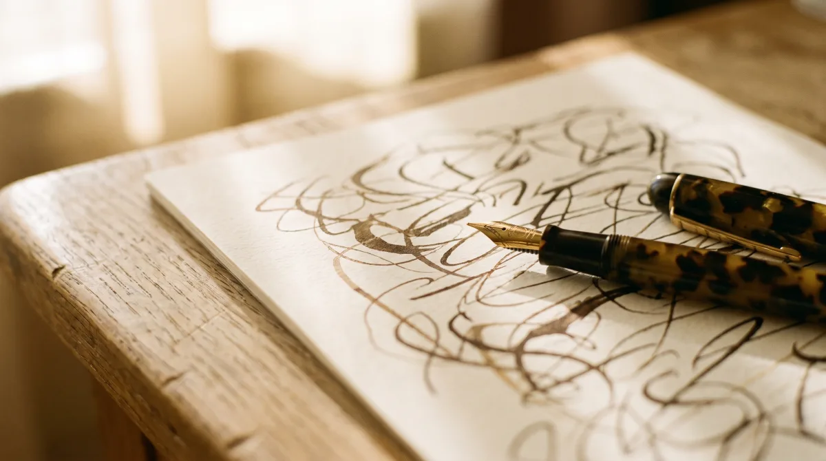 A hand-annotated manuscript page, a passage underlined, a fountain pen resting mid-word.