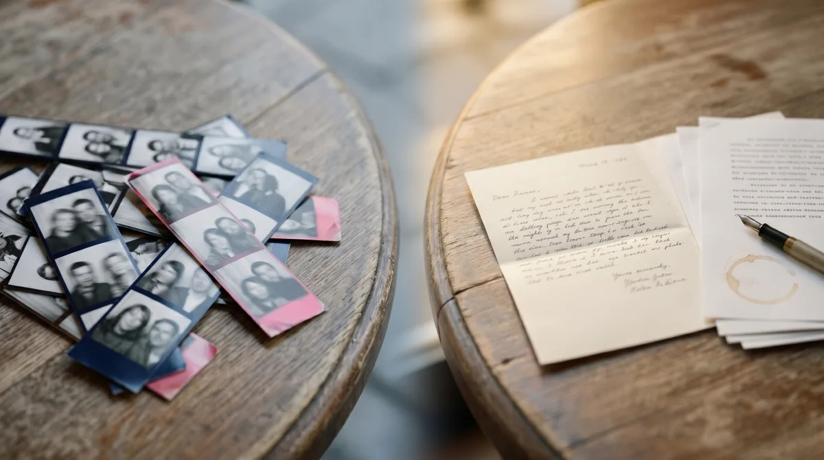 OkCupid vs Anketta: glossy face-photos beside an open handwritten letter — photo-swiping versus text-first dating.
