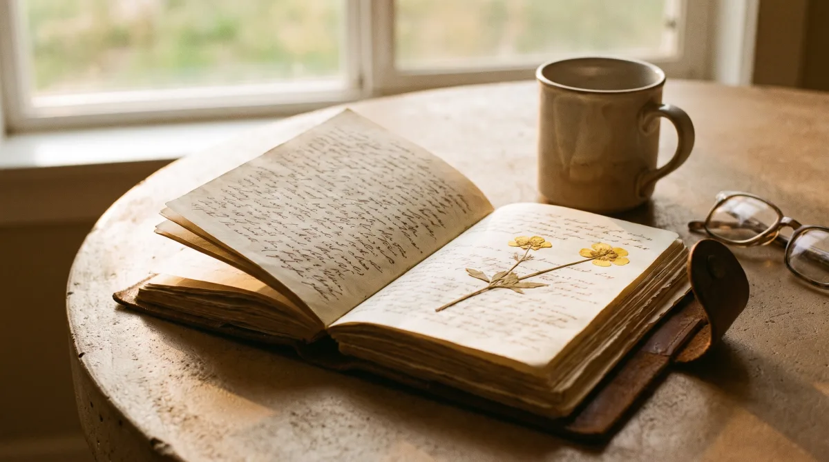 A well-worn notebook open to dense handwriting, a pressed flower marking the page.