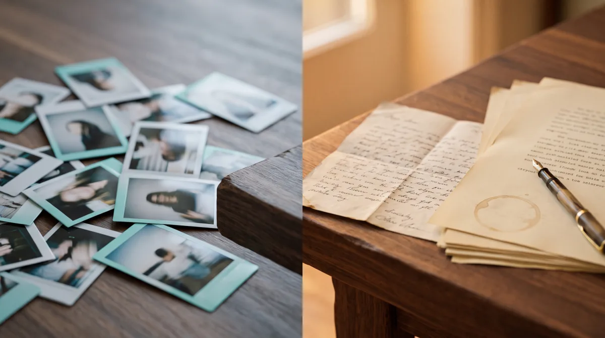 Plenty of Fish vs Anketta: glossy face-photos beside an open handwritten letter — photo-swiping versus text-first dating.