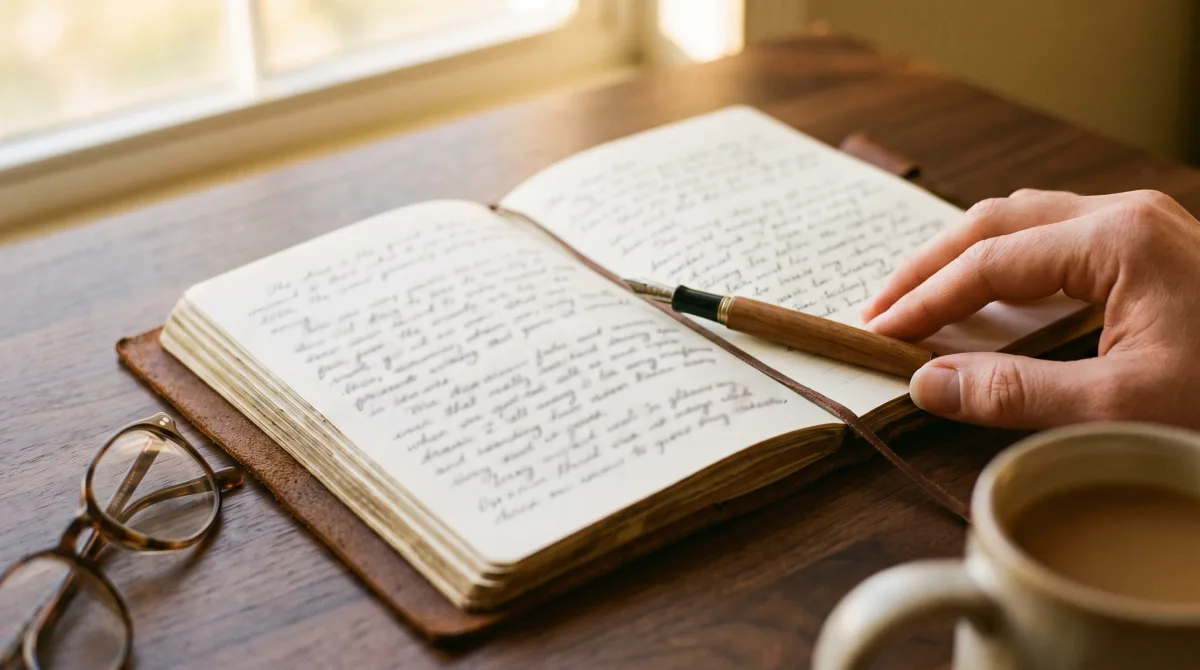 An open leather journal filled with cursive, a fountain pen laid in the gutter mid-sentence.