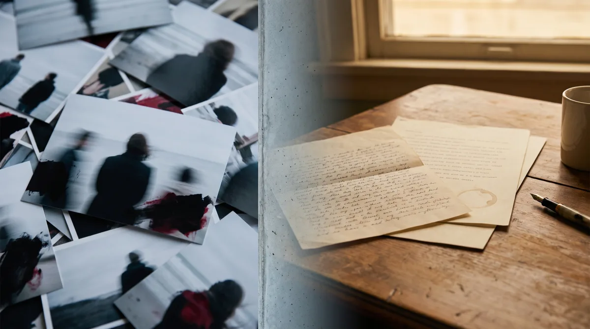 Pure vs Anketta: glossy face-photos beside an open handwritten letter — photo-swiping versus text-first dating.