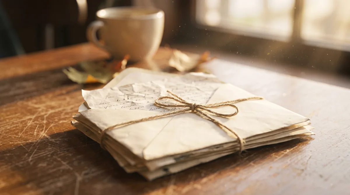 A bundle of handwritten letters tied with linen twine, the top envelope unsealed.