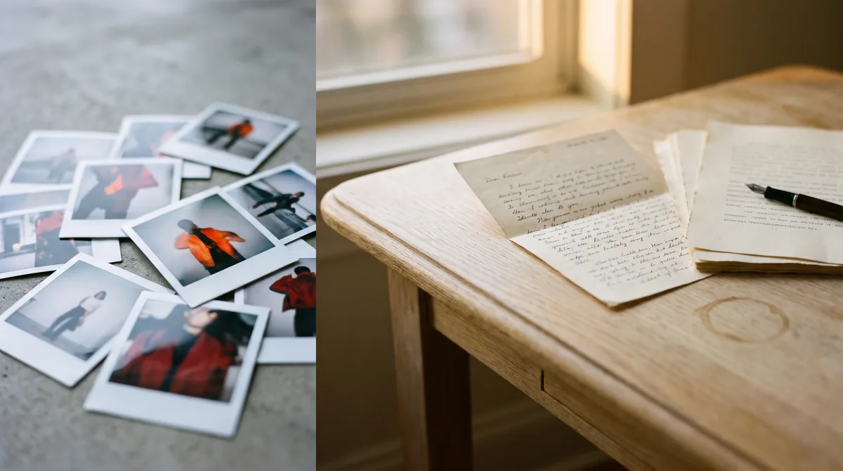Tinder vs Anketta: glossy face-photos beside an open handwritten letter — photo-swiping versus text-first dating.