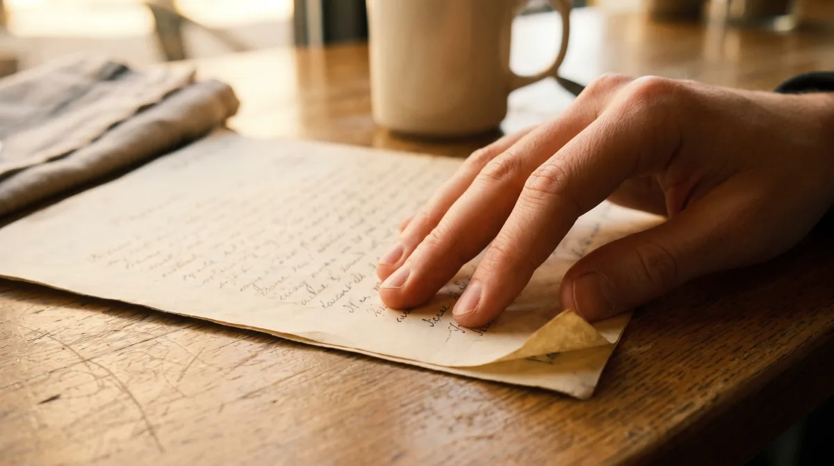 A ringless hand turning a page of a long handwritten letter in warm light.