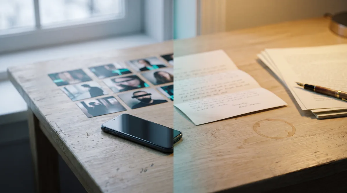 Twinby vs Anketta: glossy face-photos beside an open handwritten letter — photo-swiping versus text-first dating.