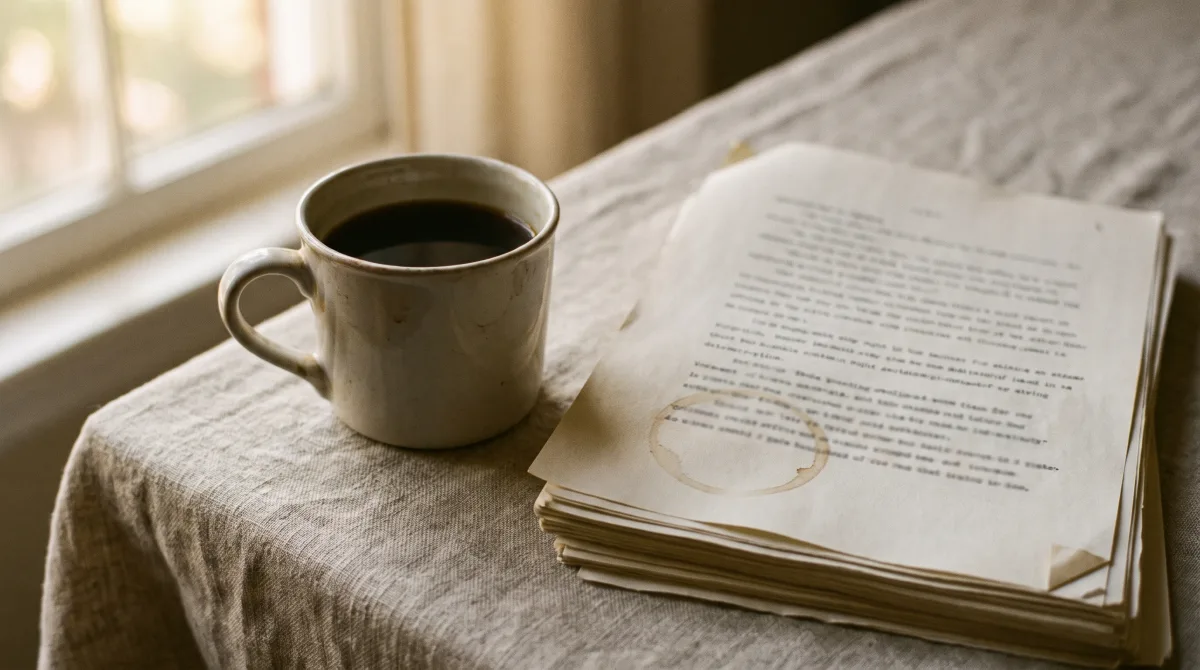 A stack of typed cream manuscript pages beside a warm coffee cup, a faint ring on the paper.
