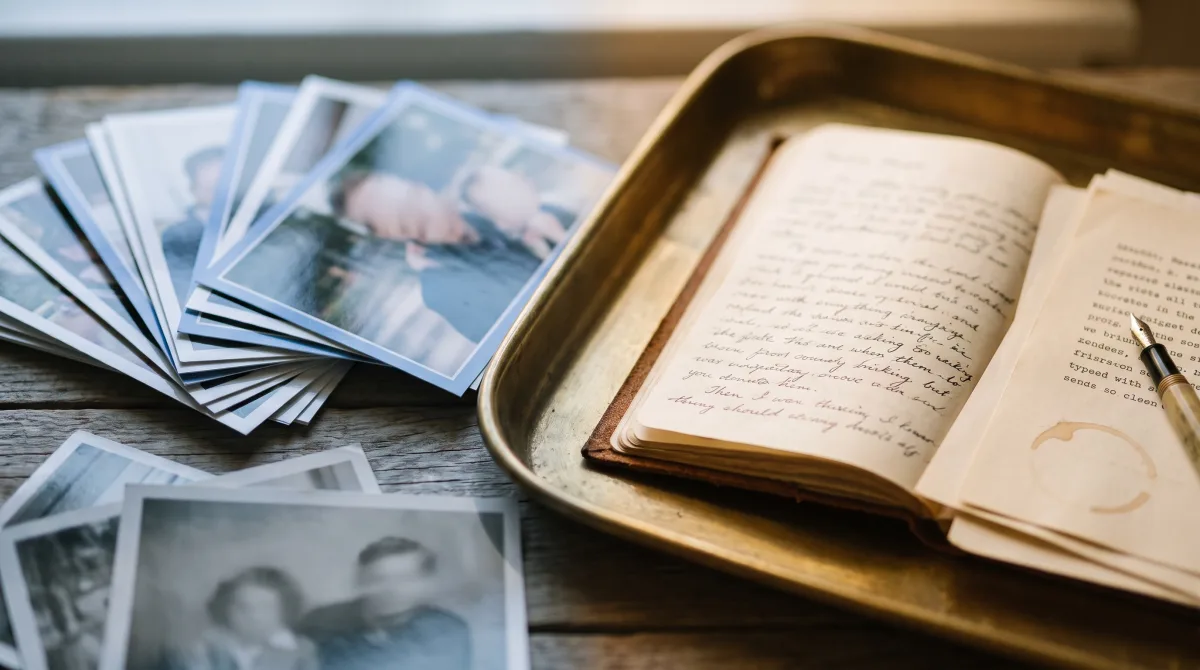 VK Dating vs Anketta: glossy face-photos beside an open handwritten letter — photo-swiping versus text-first dating.