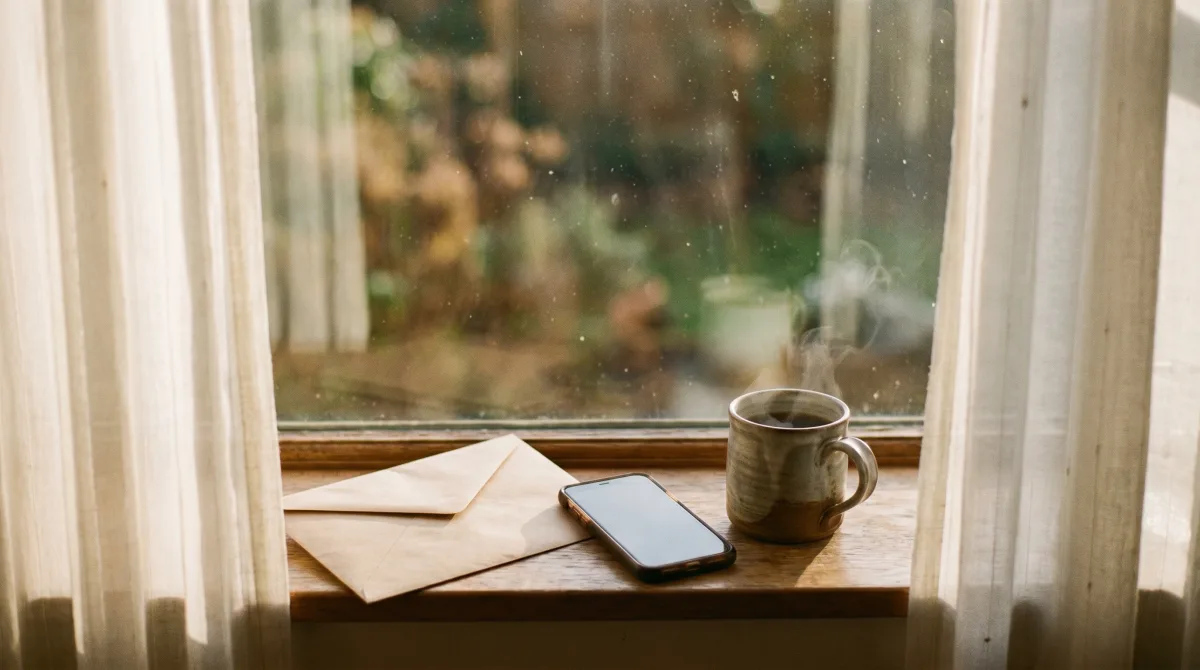 A sealed envelope and a face-down phone on a sunlit sill — privacy until you choose to reveal