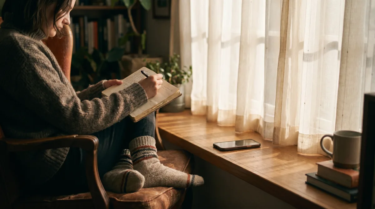 A person writing by a window with their phone face-down — getting known by words before a face