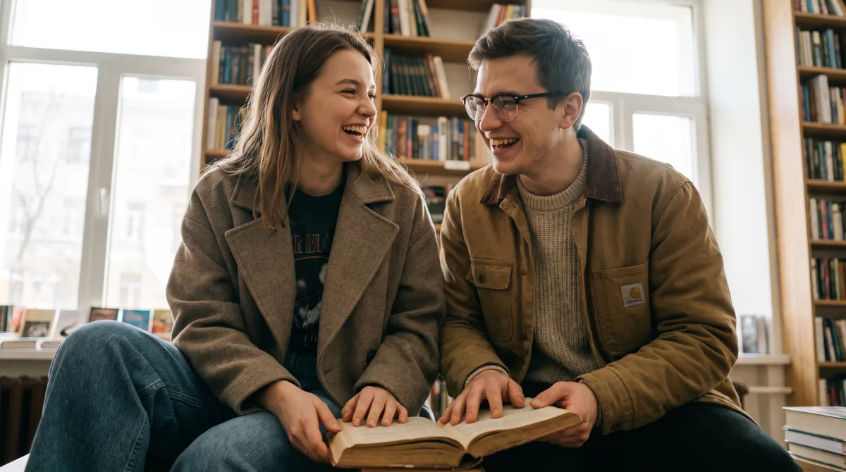 A stylish young man and woman meeting in person, laughing over a shared book in an independent bookshop, no phones in sight