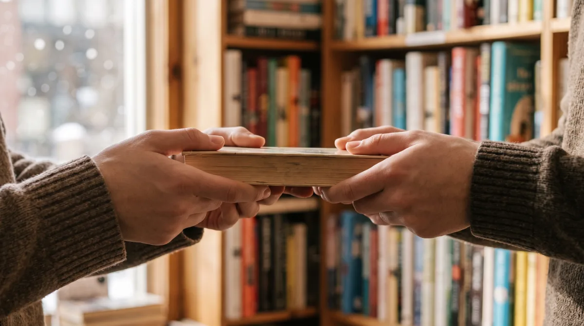 Close-up of two pairs of young hands passing a paperback between them among bookshop shelves, no phone in sight